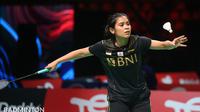 Tunggal putri Indonesia Gregoria Mariska Tunjung beraksi pada Piala Uber 2020 di Ceres Arena, Aarhus, Senin (11/10/2021). (foto: BWF-Limited Access)