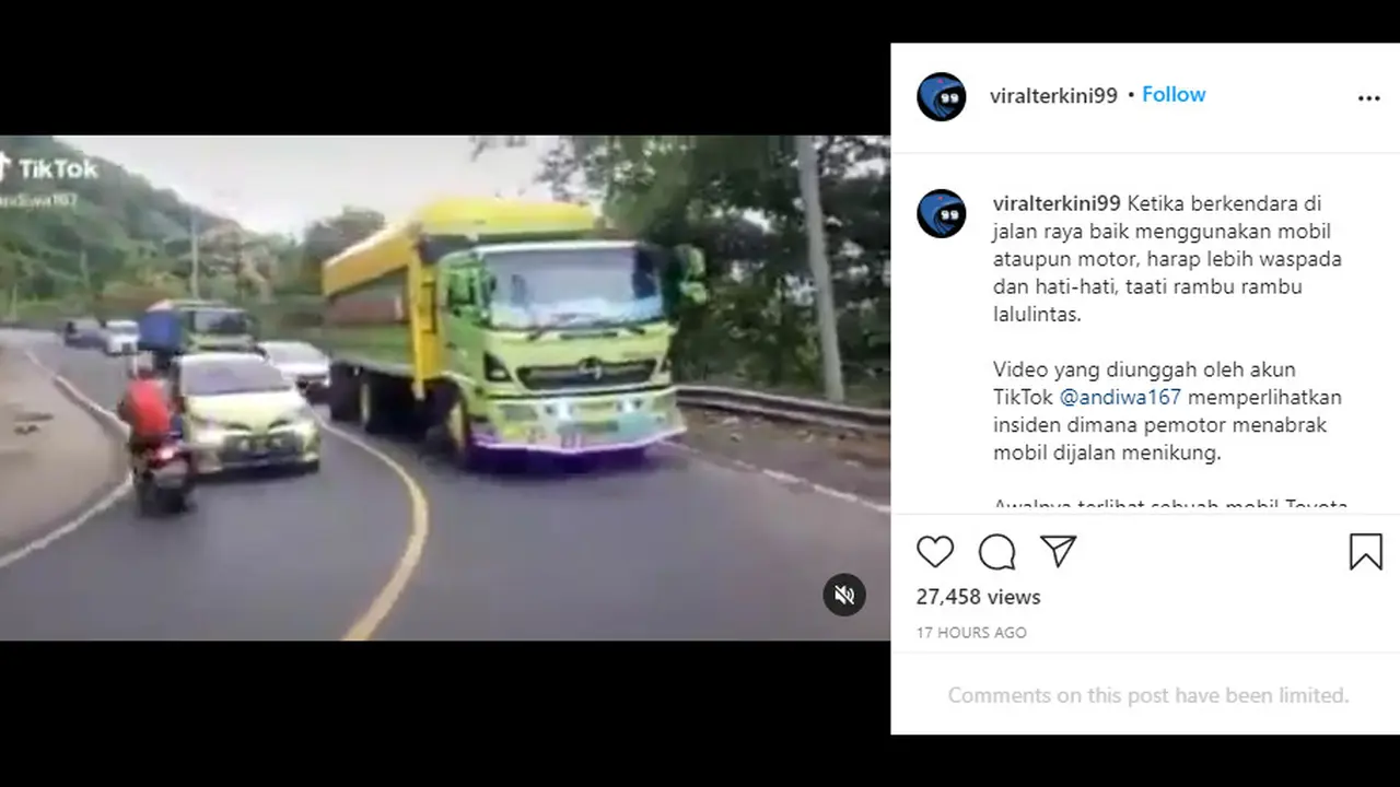 Dibagikan akun Instagram @viralterkini99, terlihat detik-detik sebuah mobil menabrak motor karena melanggar lalu lintas.