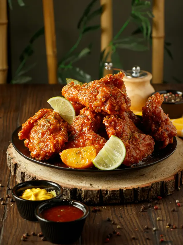 Ilustrasi hidangan Korean fried chicken dengan saus gochujang yang menggugah selera.
