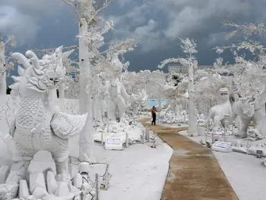 Foto pada yang diabadikan 2 September 2020 menunjukkan seorang pekerja berjalan di antara patung-patung mitologi yang terbuat dari pasir putih menyerupai es di taman "Frost Magical Ice of Siam", di luar Pattaya, Thailand. (Photo by Mladen ANTONOV / AFP)