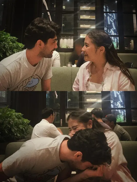Tampak sedang membicarakan sesuatu yang seru, Prilly tampil mengenakan innerwear putih yang ditumpuknya dengan kemeja berwarna merah muda, sedangkan Reza tampil kasual mengenakan kaus abu-abu bermotif. Foto: Instagram.