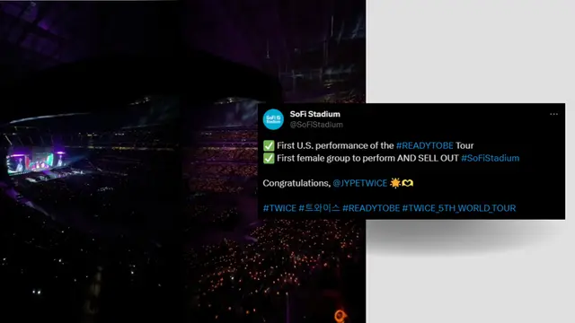 Postingan SoFi Stadium yang mengonfirmasi pencapaian TWICE selama konser READY TO BE di Los Angeles.