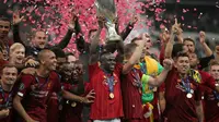 Winger Liverpool, Sadio Mane, berhasil mencetak dua gol sekaligus membantu timnya menjuarai Piala Super Eropa 2019 di Vodafone Park, Istanbul, Rabu (4/8/2019) malam waktu setempat. (AP Photo)