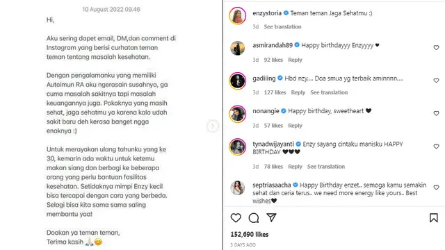 Enzy Storia  Berbagi Fasilitas Kesehatan di ulang tahunnya yang ke-30