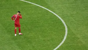Penyerang Portugal, Cristiano Ronaldo, bereaksi seusai pertandingan Grup K Piala Dunia 2026 melawan DR Kongo yang berakhir imbang 1-1 di Houston Stadium, Houston, Texas, pada 17 Juni 2026. (Lars Baron / GETTY IMAGES NORTH AMERICA / Getty Images via AFP)