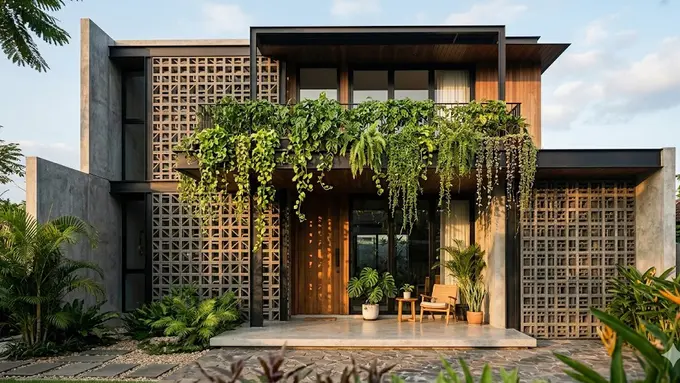 Desain Fasad Rumah dengan Roster dan Tanaman Gantung