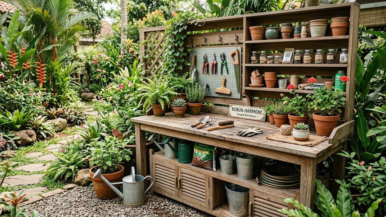 Ide Tempat Penyimpanan Pot dan Alat Berkebun yang Menyatu dengan Taman/AI Generated