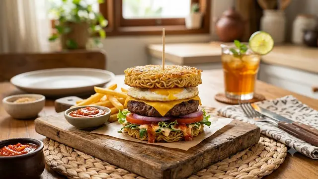 Ilustrasi Resep Burger Mie Instan Renyah yang Anti Hancur/AI Generated