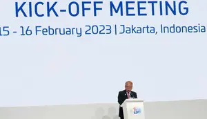 Menteri Pekerjaan Umum dan Perumahan Rakyat (PUPR) Basuki Hadimuljono memberikan sambutan pada pembukaan Kick off Meeting 10th World Water Forum di Jakarta, Rabu (15/2/2023). (Liputan6.com/HO)