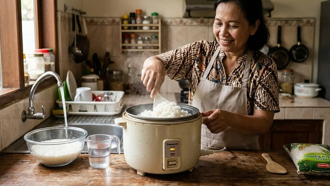 Cara Memasak Nasi agar Tidak Keras Meski Pakai Rice Cooker Lama (AI Generated)