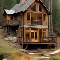 Ilustrasi Rumah Panggung Rustic di Dekat Sungai Pinggir Hutan (Sumber Gambar: Meta AI)