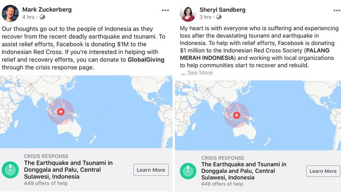 Respon bos Facebook untuk bencana gempa bumi dan tsunami di Palu dan Donggala, Sulawesi Tengah (Foto: Facebook Indonesia)