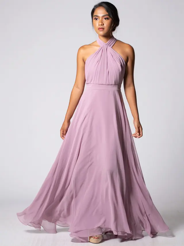 Model Long Dress Warna Pastel Kombinasi Chiffon untuk Pesta