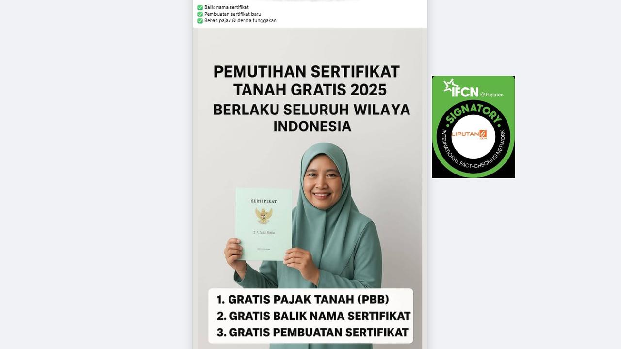 Tangkapan layar klaim tautan pendaftaran pemutihan sertifikat tanah gratis 2025 yang beredar di Facebook.