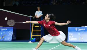 Gregoria Mariska Tunjung saat mengalahkan Eaint Chit Phoo di bulutangkis beregu putri SEA Games 2025. (PBSI)