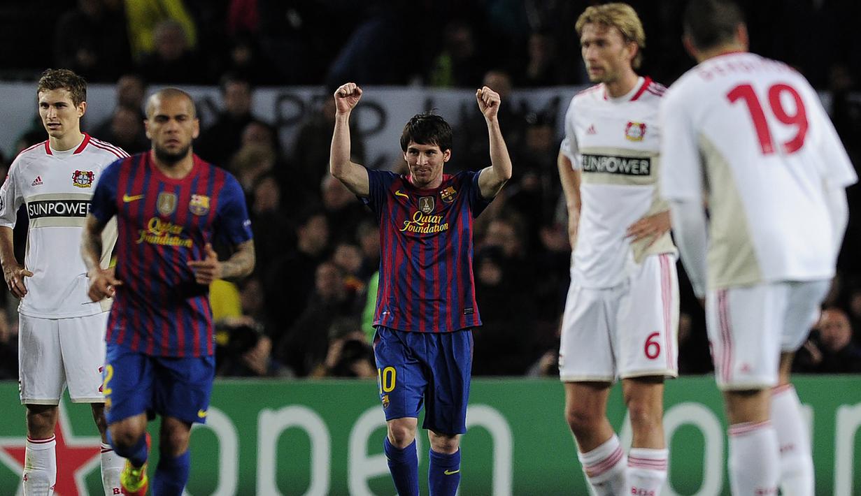 3. Jumlah gol dalam 1 leg. Lionel Messi unggul saat mencetak 5 gol dalam 1 leg, yaitu leg kedua saat Barcelona melawan Bayer Leverkusen di Camp Nou Stadium (7/3/2012). (AFP/Josep Lago)