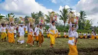 Para wanita yang mengenakan pakaian adat menjunjung sesajen di atas kepala mereka dalam ritual Hindu Bali bernama Usaba Sri di Karangasem, Bali, Senin, 10 Agustus 2026. (Foto AP/Firdia Lisnawati)
