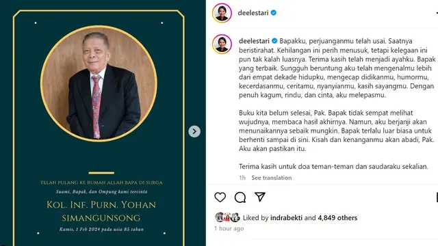 Ayah Dewi Lestari dan Arina Mocca Meninggal Dunia