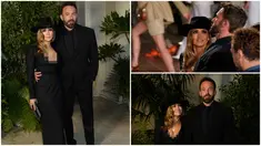 Foto kolase saat Jennifer Lopez dan Ben Affleck menghadiri Ralph Lauren Spring 2023 Fashion Experience di The Huntington, Pasadena, California, Amerika Serikat, 13 Oktober 2022. (AP Photo/Chris Pizzello)
