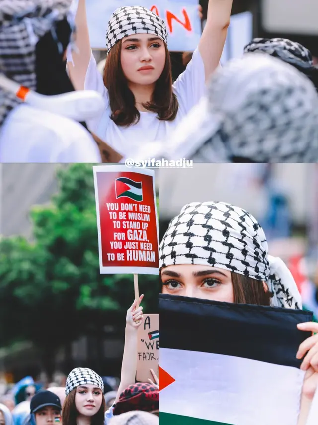 Syifa Hadju membawa sebuah bendera Palestina dalam aksinya tersebut