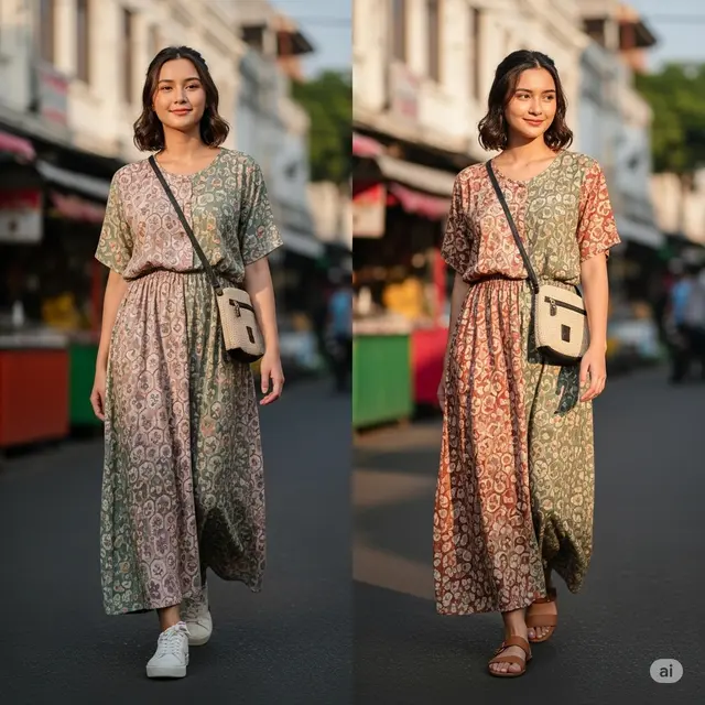 Model Long Dress Batik Kombinasi Modern 2025 (Image by Gemini)