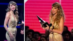 Foto kolase Taylor Swift saat menerima penghargaan untuk album pop favorit untuk "Red (Taylor's Version)" di American Music Awards di Microsoft Theater di Los Angeles pada Minggu, 20 November 2022. (AP Photo/Chris Pizzello)