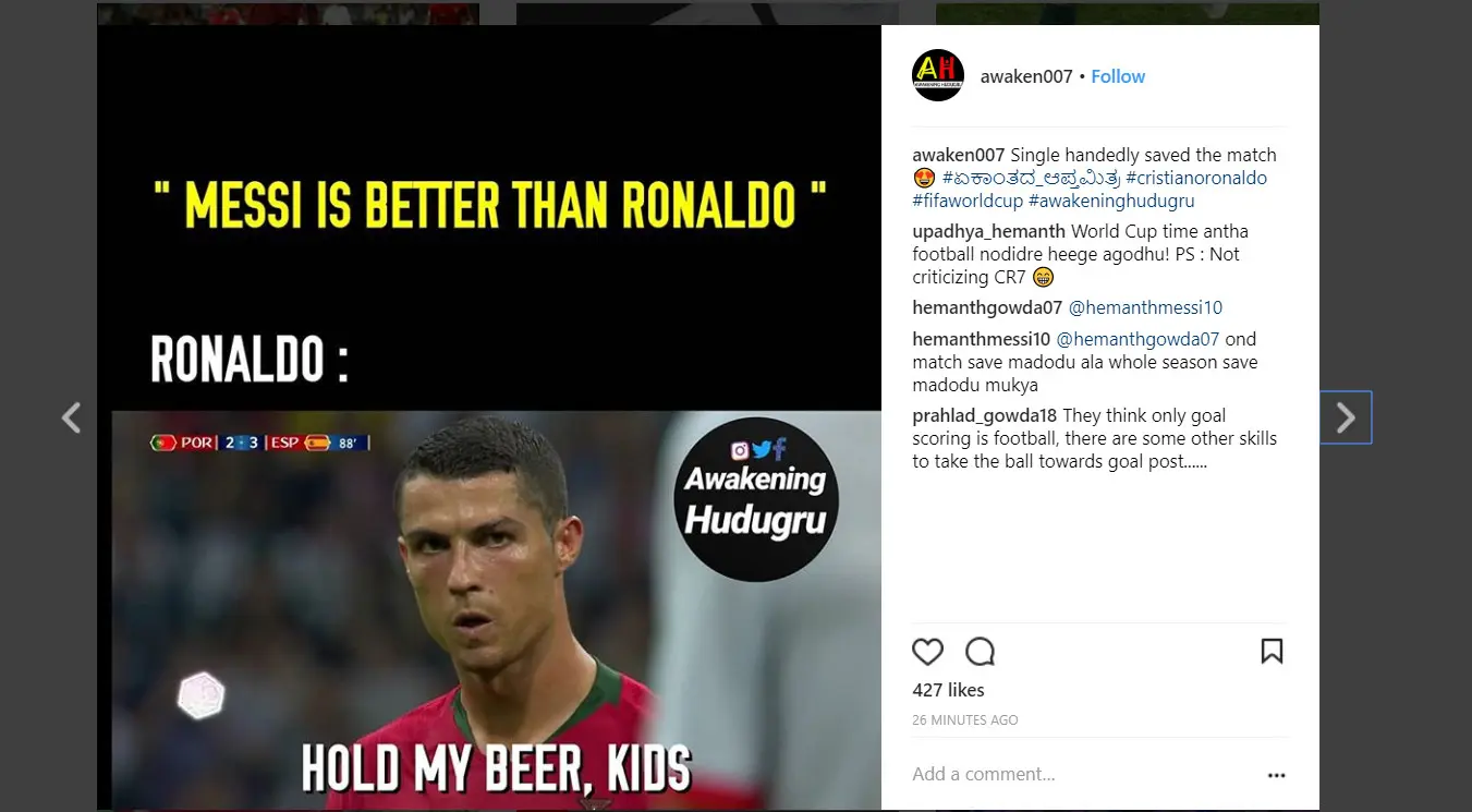 Meme Cristiano Ronaldo setelah cetak tiga gol dalam pertandingan Piala Dunia Portugal lawan Spanyol (Instagram @awaken007)