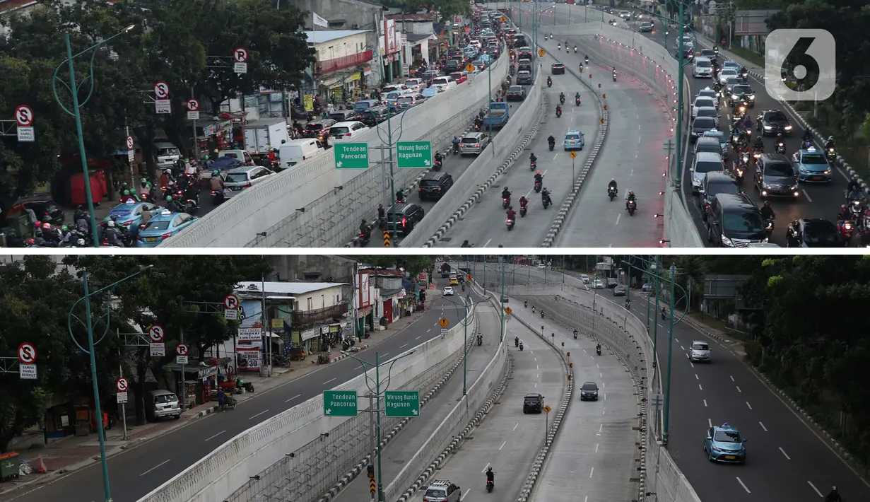Foto atas menggambarkan Lintas Bawah Kuningan-Mampang, Selasa (18/06/2019). Foto bawah dilokasi yang sama, Sabtu (18/04/2020). Lebih dari satu bulan Indonesia terkena pandemi Covid-19, per 18 April 2020 tercatat 6.248 kasus positif, 631 sembuh, 535 meninggal. (Liputan6.com/Helmi Fithriansyah)