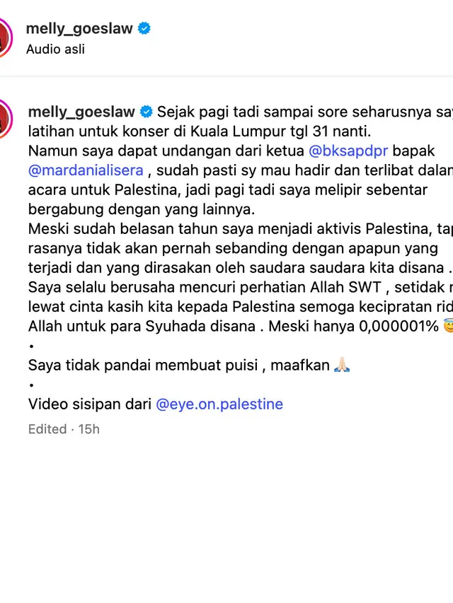 Unggahan Melly Goeslaw. (Foto: Dok. Instagram @melly_goeslaw)