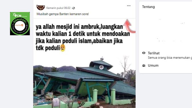 Cek Fakta Liputan6.com menelusuri klaim foto masjid ambruk akibat gempa Banten 14 Januari 2022