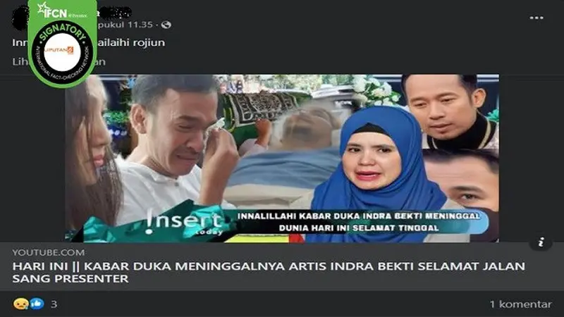 Gambar Tangkapan Layar Kabar Hoaks Artis Indra Bekti Meninggal Dunia pada 1 Januari 2023 (sumber: Facebook).