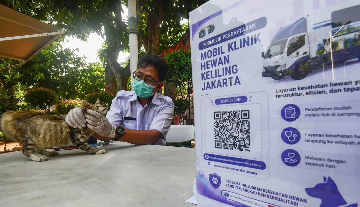 Dokter hewan memeriksa kucing peliharaan warga pada Klinik Hewan Keliling di halaman Kantor Kelurahan Srengseng sawah, Jakarta Selatan, Rabu, 15/ Juli 2026. (KLY/ Arie Basuki)
