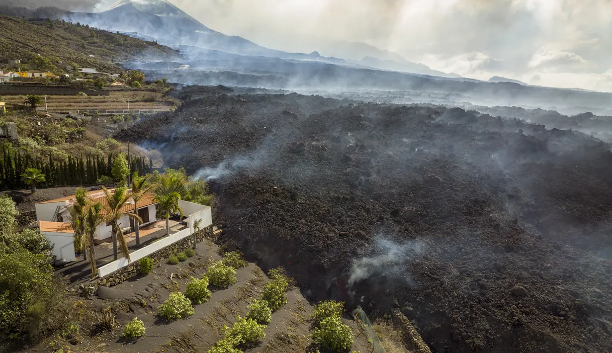 Aliran lahar menghancurkan rumah-rumah saat gunung berapi terus meletus di pulau Canary La Palma, Spanyol, Senin (29/11/2021). Beberapa ventilasi vulkanik baru dibuka di La Palma pada hari Minggu, melepaskan lava baru yang mengalir deras ke bawah. (AP/Emilio Morenatti)