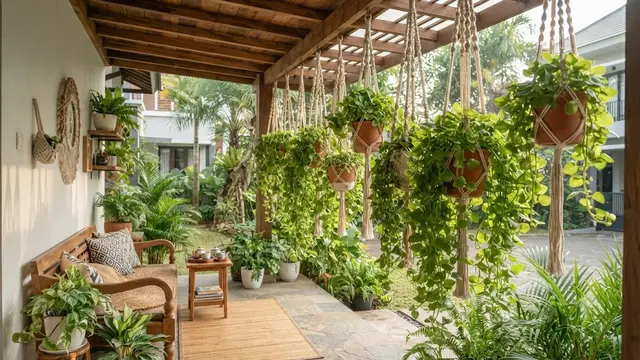 Model Teras dengan Bayam Brazil di Pot Gantung Makrame