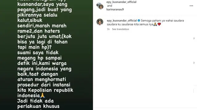 Klrafisikasi Karina Narau terkait postingan Epy Kusnandar. (Instagram.com/@karinaranau9)