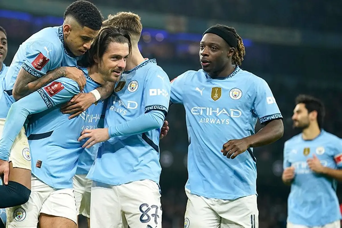 Momen selebrasi Jack Grealish di laga Manchester City vs Salford City, Piala FA 2024/2025 (c) AP Photo/ Dave Thompson