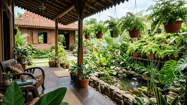 Teras Rumah dengan Tanaman Suplir dan Kolam Mini/AI Generated