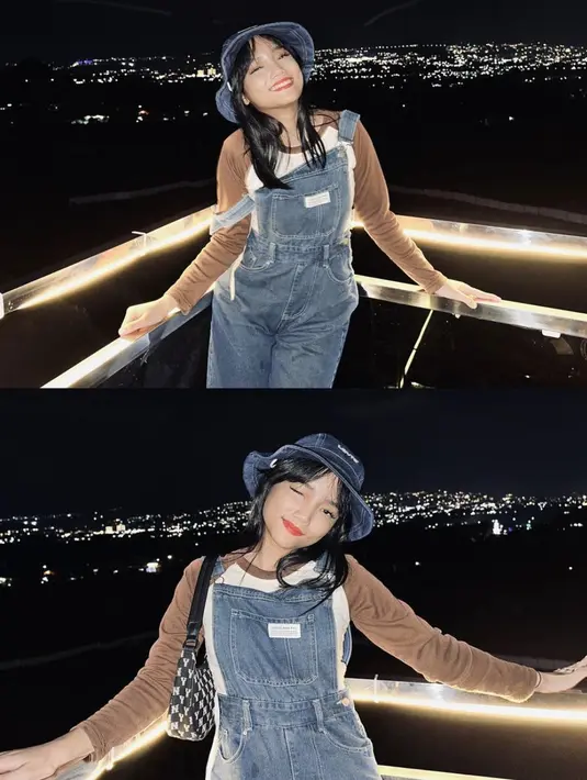Kali ini, overall denim dan bucket hat juga menjadi ootd yang terlihat playful. Ia juga mempermanis tampilannya dengan riasan sederhana. [Foto: Instagram/ @Fuji An]