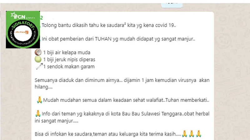 Penelusuran Klaim  Air Kelapa Dicampur Jeruk Nipis dan Garam Manjur Menyembuhkan Penderita Covid-19