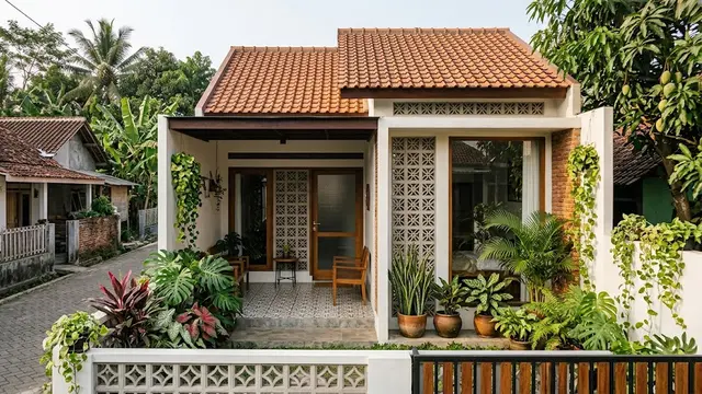 Desain Rumah Kampung dengan Roster dan Tanaman