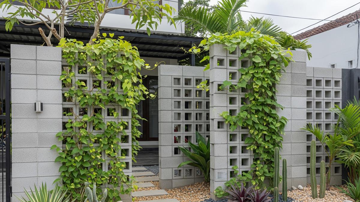 7 Inspirasi Taman Kering Depan Rumah dengan Kombinasi Roster dan Tanaman Tropis, Minimalis dan Estetis