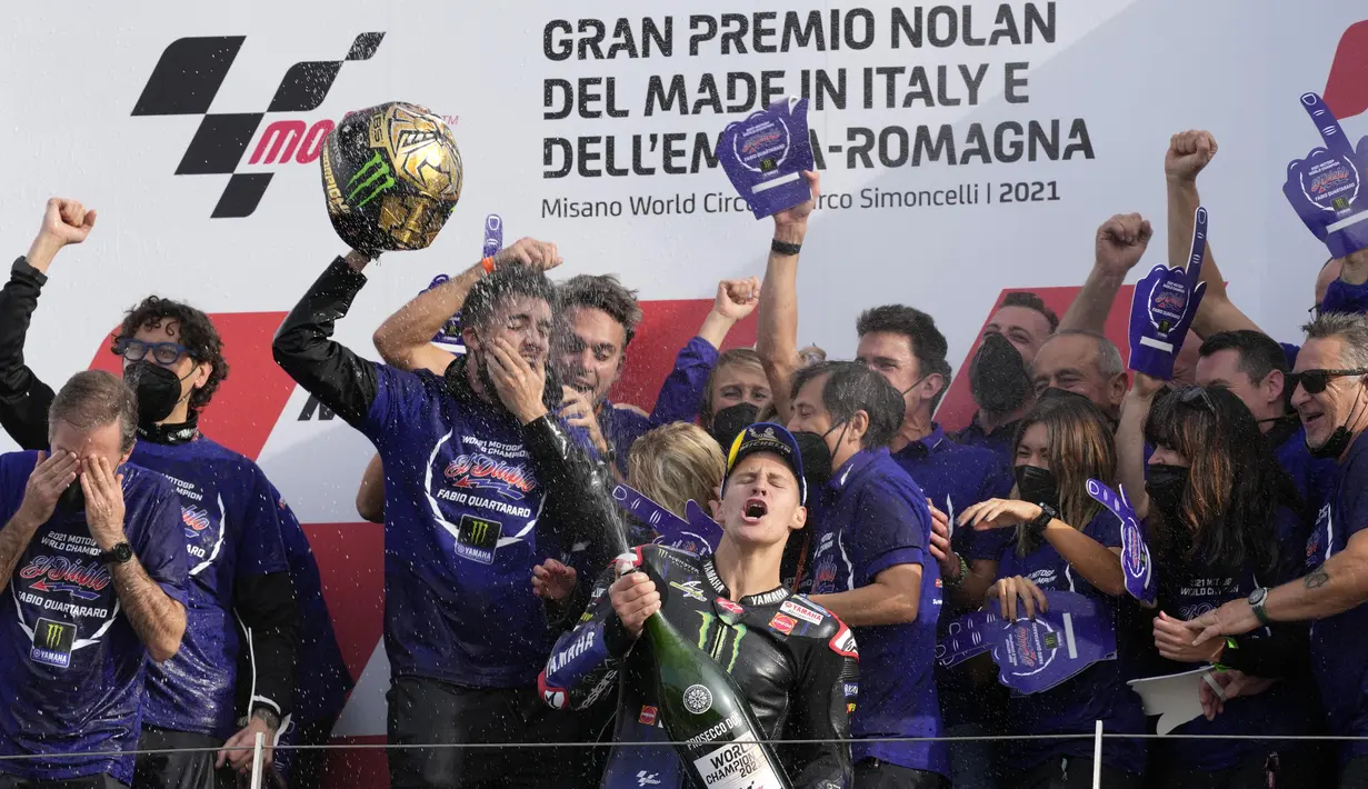 Gelar ini juga mengembalikan keyajaan Yamaha di MotoGP. Pabrikan Garpu Tala itu terakhir kali menjuarai MotoGP pada 2015 bersama Jorge Lorenzo. (AP Photo/Antonio Calanni)