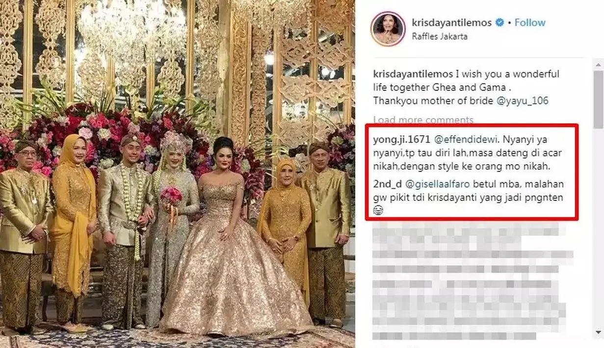 Sang diva, Krisdayanti juga sempat dikritik netizen dengan look mewah di acara pernikahan temannya. [Instagram @kirsdayantilemos]