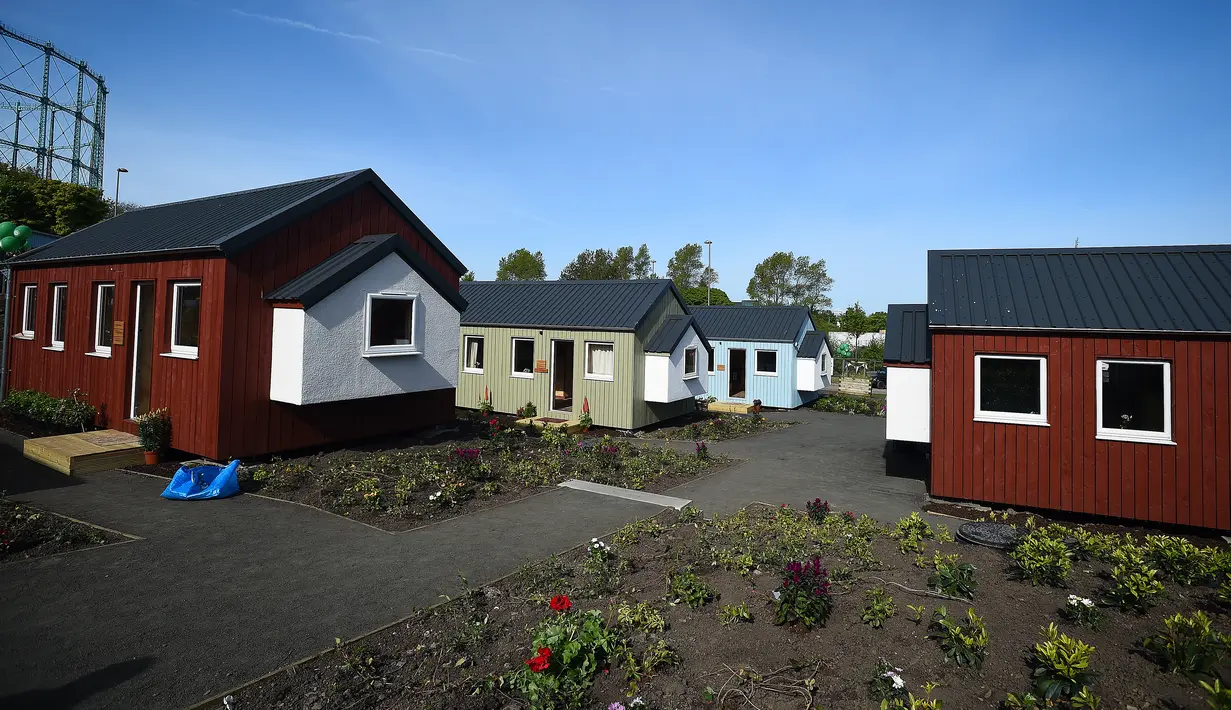 Desain rumah ala NestHouse pada peluncuran proyek Social Bite Village di Edinburgh, Skotlandia, 17 Mei 2018. Rencana Desa Social Bite ini diharapkan menciptakan sebuah solusi dengan cakupan menyeluruh tentang masalah tunawisma. (AFP/Andy Buchanan)