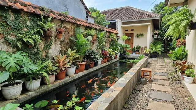 Kolam Panjang dengan Tanaman di Satu Sisi