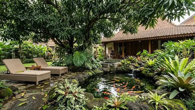Taman dengan Pohon Mangga dan Kolam Koi