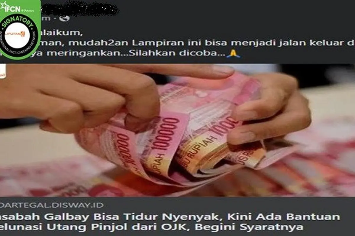 Gambar tangkapan layar adanya informasi palsu atau hoaks soal program bantuan untuk melunasi utang pinjol dari OJK. (sumber: Facebook)
