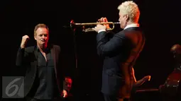 Duet maut Sting dan Chris Botti di atas panggung Java Jazz Festival 2016 yang berlangsung di BNI Hall, JIEXPO Kemayoran, Jakarta, Minggu (6/3). Kolaborasi memukau itu menutup pagelaran JJF yang dimulai sejak 4 Maret 2016. (Liputan6.com/Herman Zakharia)