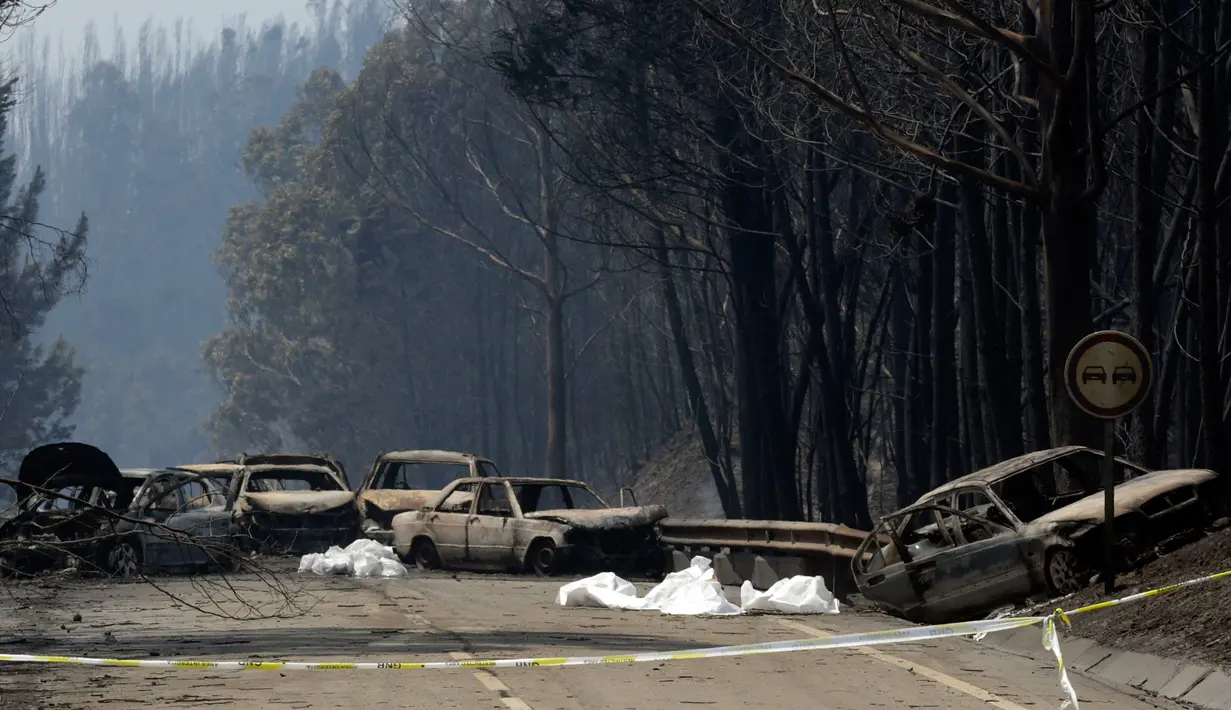 Bangkai mobil di tengah jalan antara Castanheira de Pera dan Figueiro dos Vinhos, Portugal, Minggu (18/6). Lebih dari 50 orang tewas dalam kebakaran ini, sebagian tewas akibat terperangkap dalam mobil ketika api melalap hutan. (AP Photo/Armando Franca)