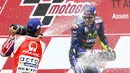 Pebalap Movistar Yamaha, Valentino Rossi, merayakan keberhasilannya menjadi yang tercepat pada MotoGP Belanda di Sirkuit Assen, Assen, Minggu (25/6/2017). Riders asal Italia itu memiliki catatan waktu 41 menit 41,149 detik. (AFP/Vincent Jannink) 